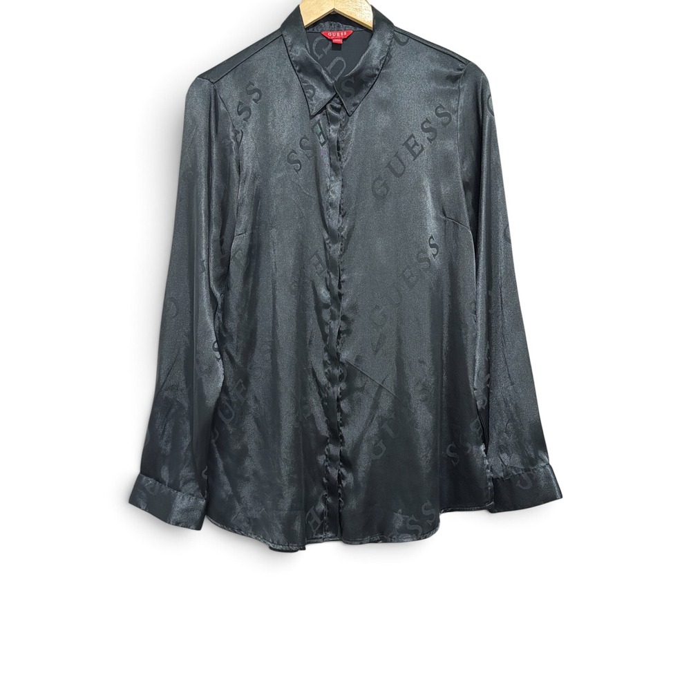 Vintage Guess Los Angeles Black Satin Logo Jacquard Button Down Shirt Large